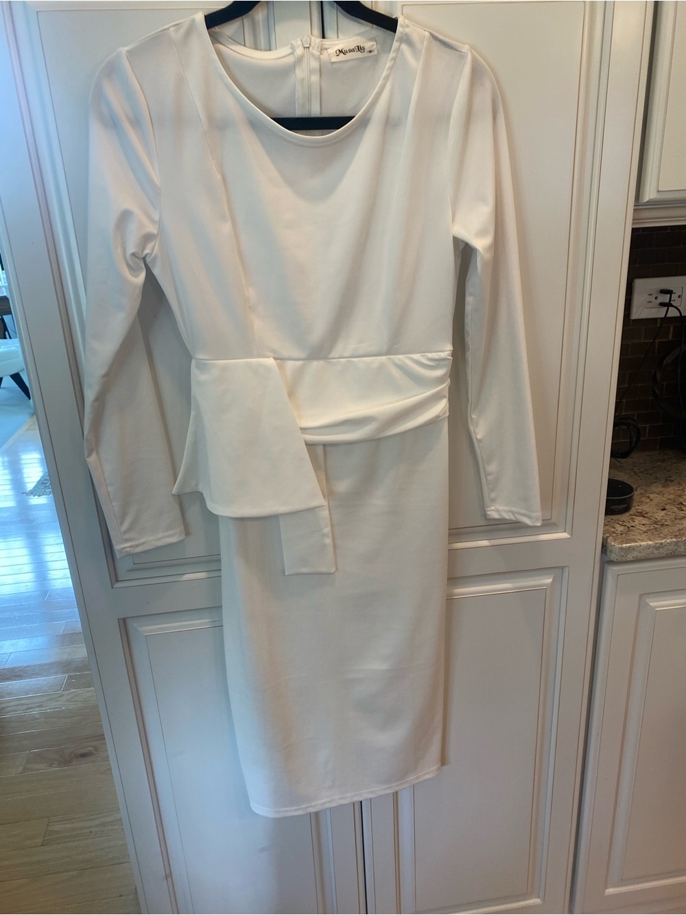 White Long-Sleeve Peplum Detail Sheath Dress